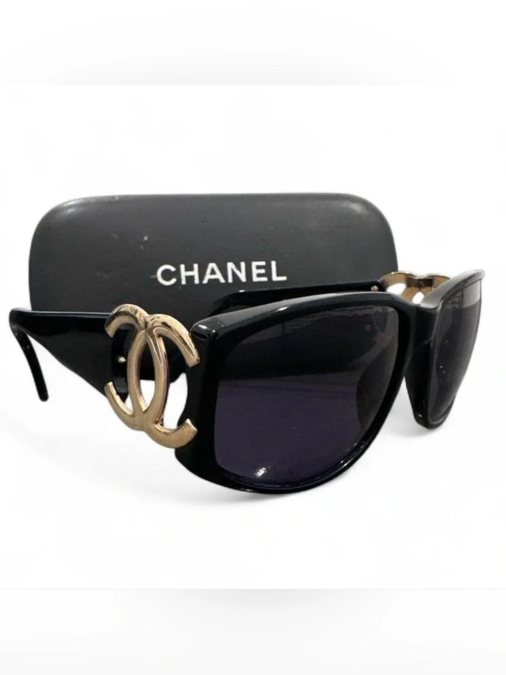 CHANEL Vintage Y2K Sunglasses with Gold CC Emblems & Case